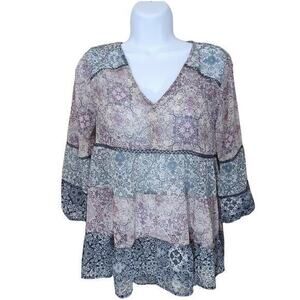 Knox Rose Women's 3/4 Sleeve V Neck Floral Boho Flowy Semi Sheer Top Size‎ XS